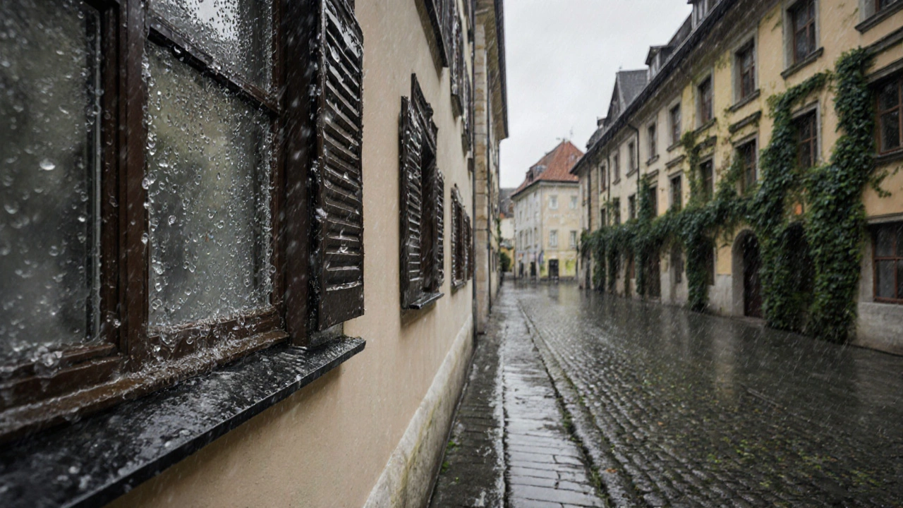 Regenwasser läuft an einer richtig abgedichteten Fensterfuge ab, während benachbarte Fenster schimmelige Wasserflecken zeigen.