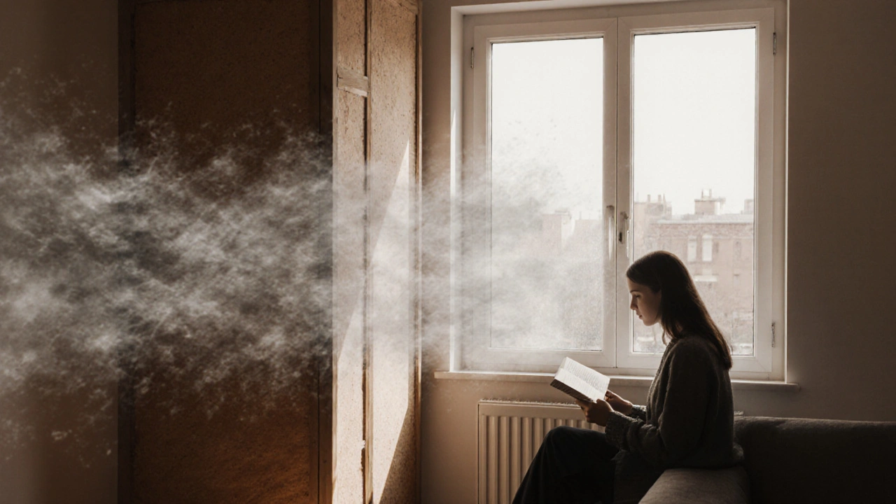 Ruhiges Wohnzimmer nach Schallschutz-Sanierung, Außenlärm wird an der Wand gedämpft.