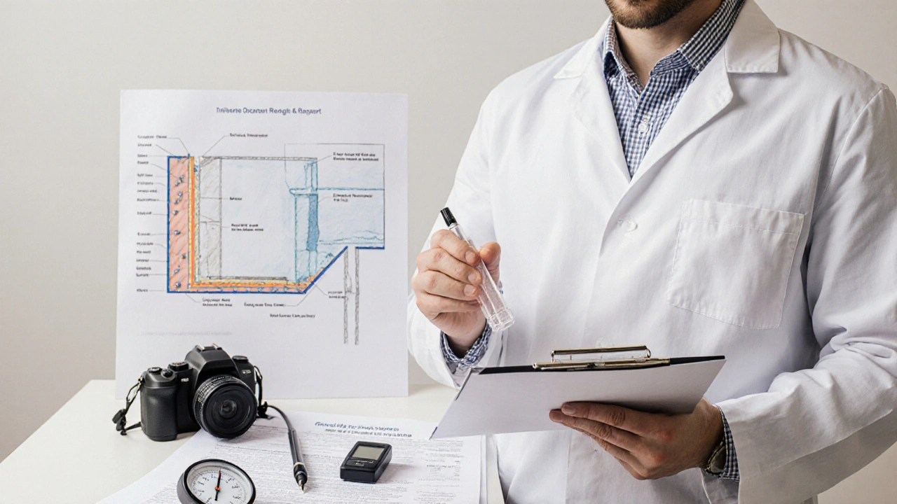 Sachverständiger hält Luftprobe und schriftliches Gutachten in einem Wohnraum.