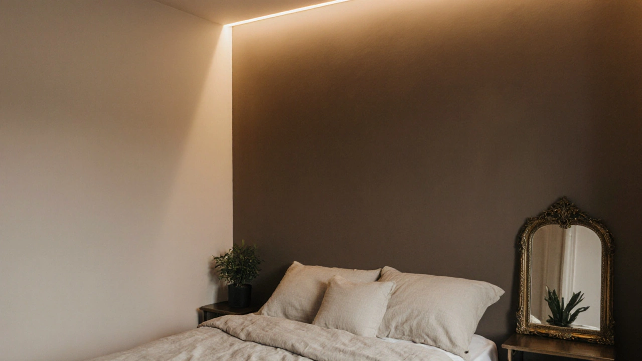 Schlafzimmer mit langem, dunkeltaupefarbenem Wandabschnitt und Spiegel.