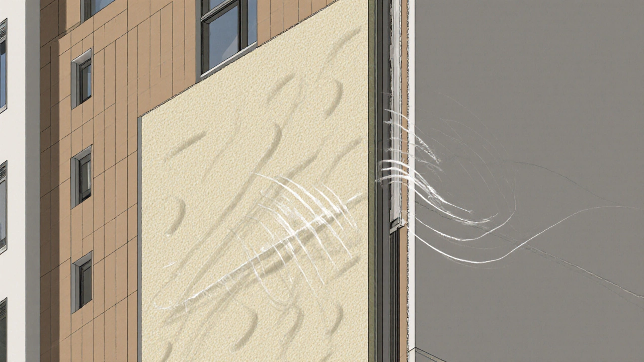 Schnittansicht einer gedämmten Wand mit Schallabsorption durch Mineralwolle und dichtende Anschlüsse.