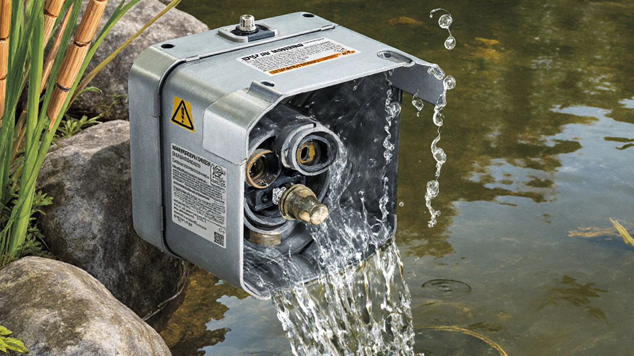 Schnittansicht einer IP67-Steckdose neben einem Teich mit Wasserspritzern.