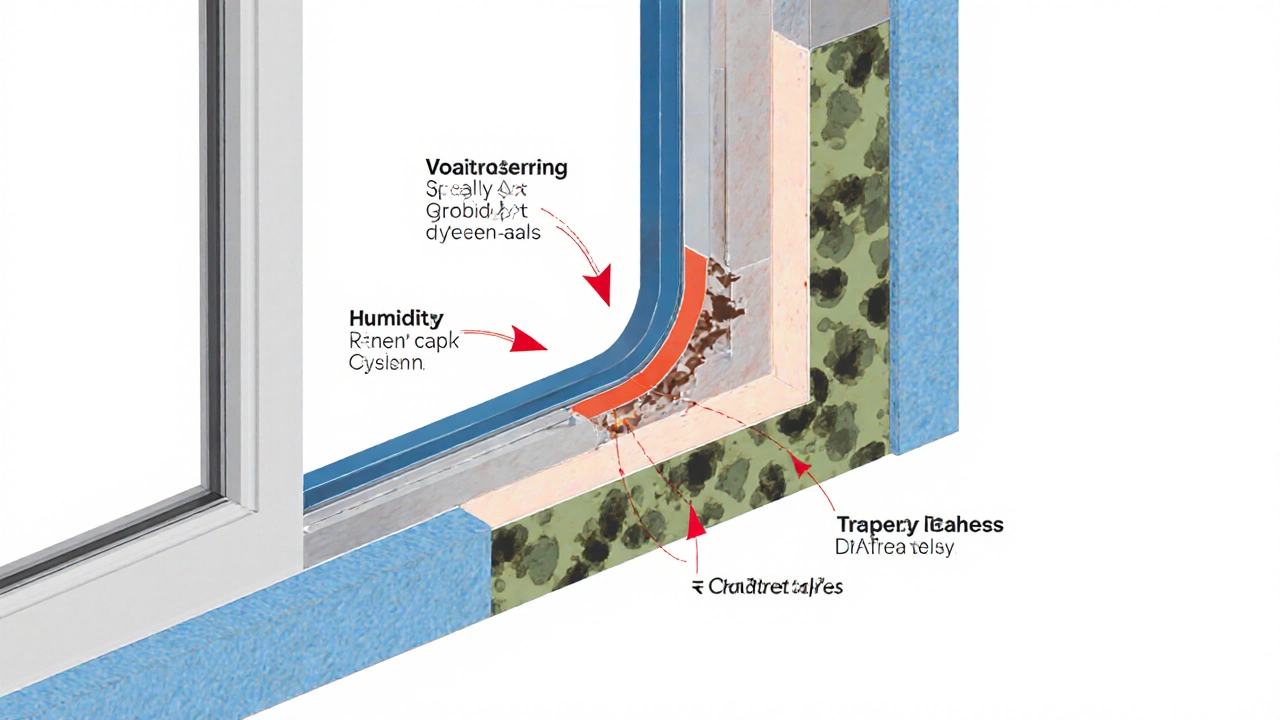 Schnittmodell einer Fensterfuge: feuchte Luft und Wärmeverlust durch schlechte Dichtung versus perfekte Abdichtung mit drei Schichten.