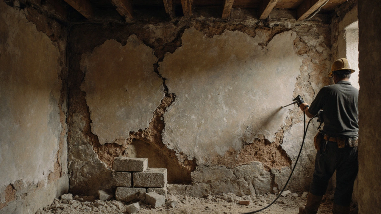 Schwer beschädigte Kellerwand mit Salzausblühungen und abgefallenem Putz während der Sanierung.