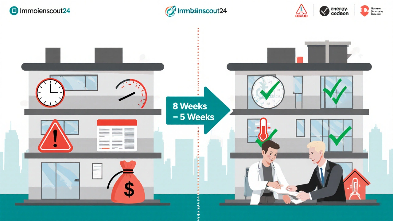 Side-by-side comparison: vacant apartment with financial losses vs. actively managed apartment with digital tools and happy tenant.