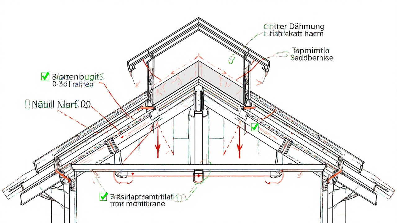 Technische Querschnittsdarstellung einer Dachgaube mit Dämmung und Lastverteilung.