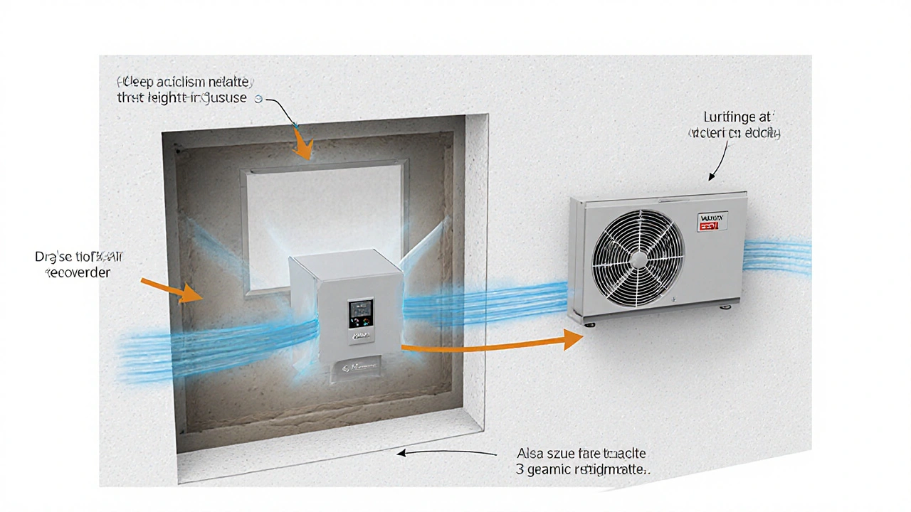 Technisches Lüftungssystem mit Sensoren und Wärmerückgewinnung in Kellerwand eingebaut.