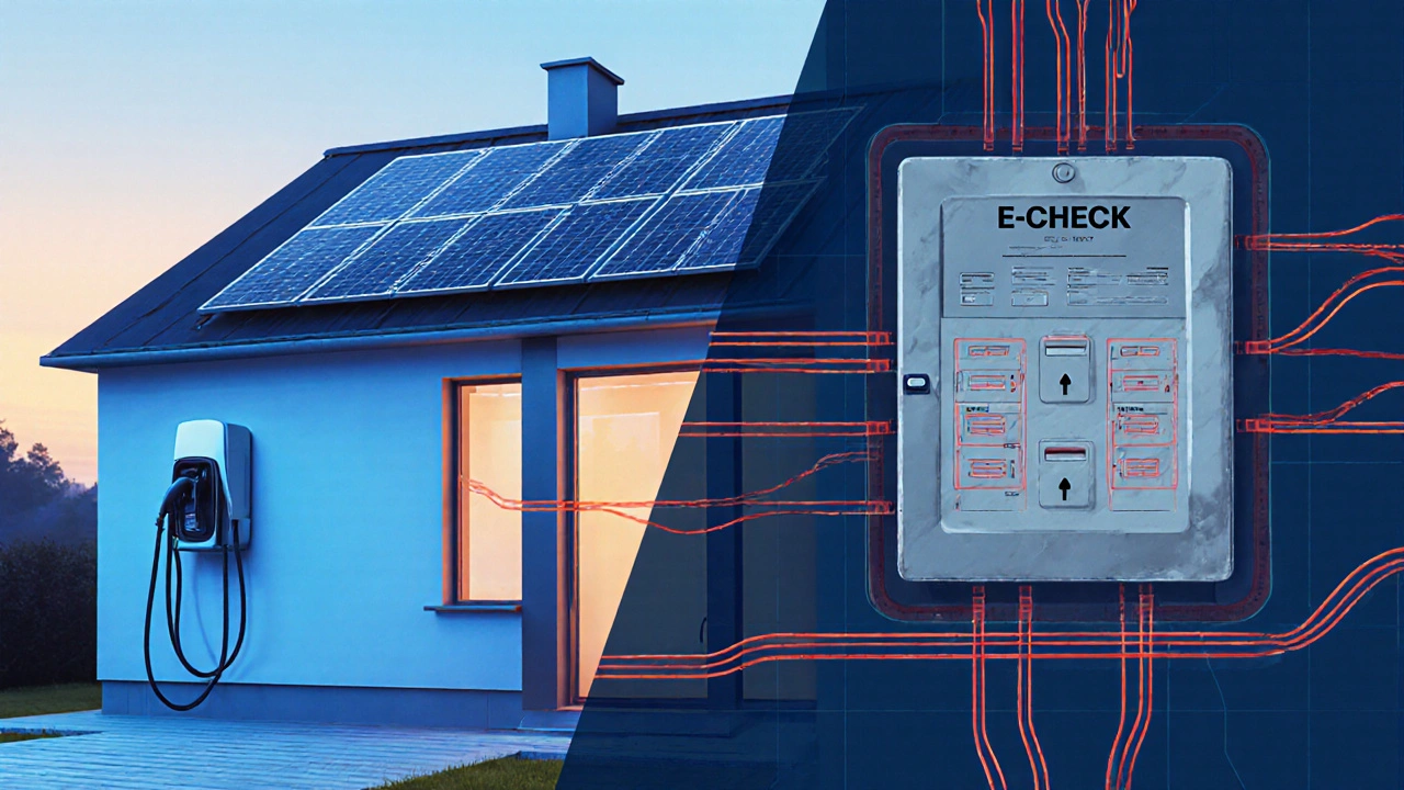 Überlastete alte Kabel in einer modernen Smart-Home-Installation mit Solaranlage und Wallbox.