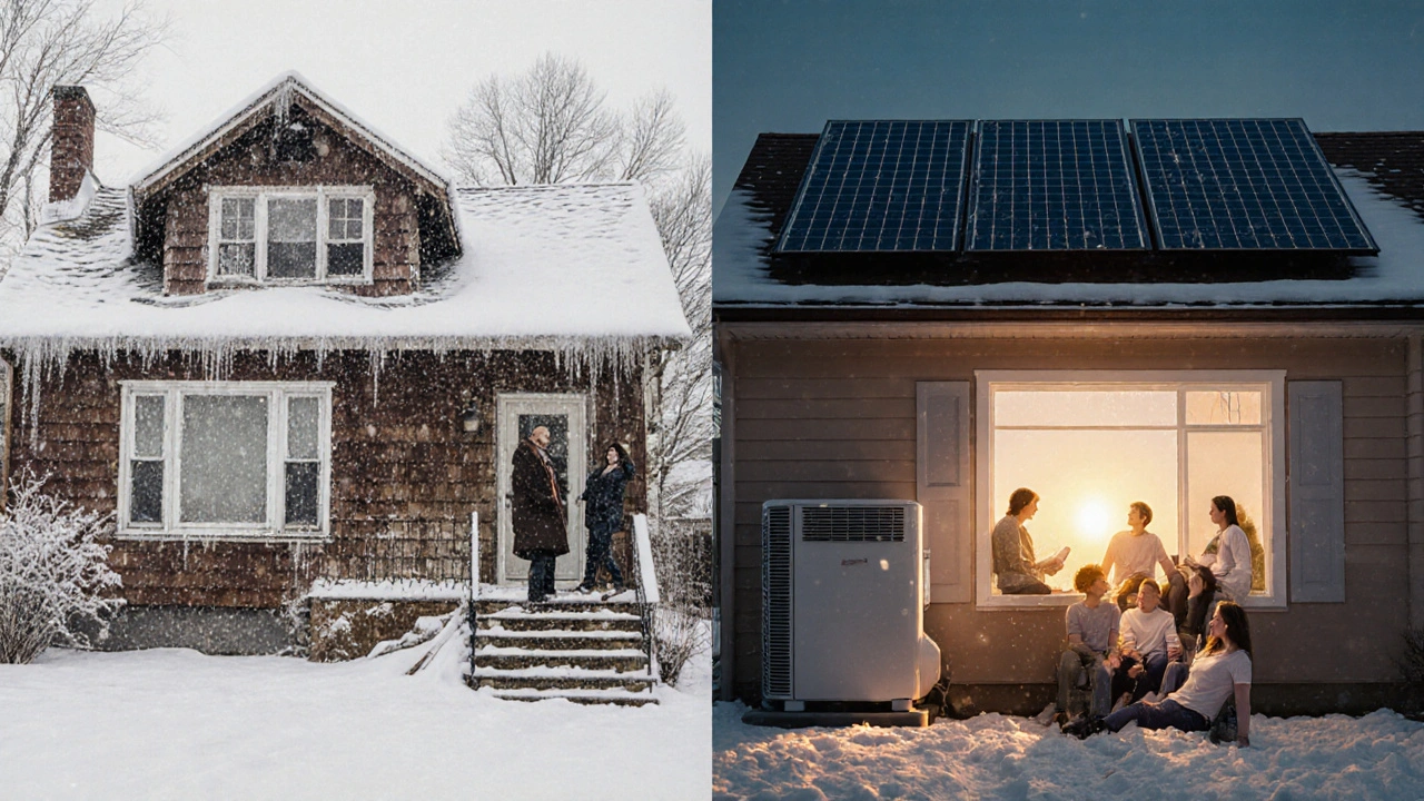 Vergleich eines alten, zugigen Hauses mit einem energieeffizient renovierten Haus.