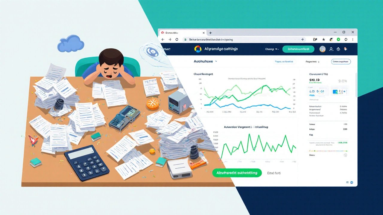 Vergleich: Unordentlicher Schreibtisch vs. digitale Abrechnungssoftware.