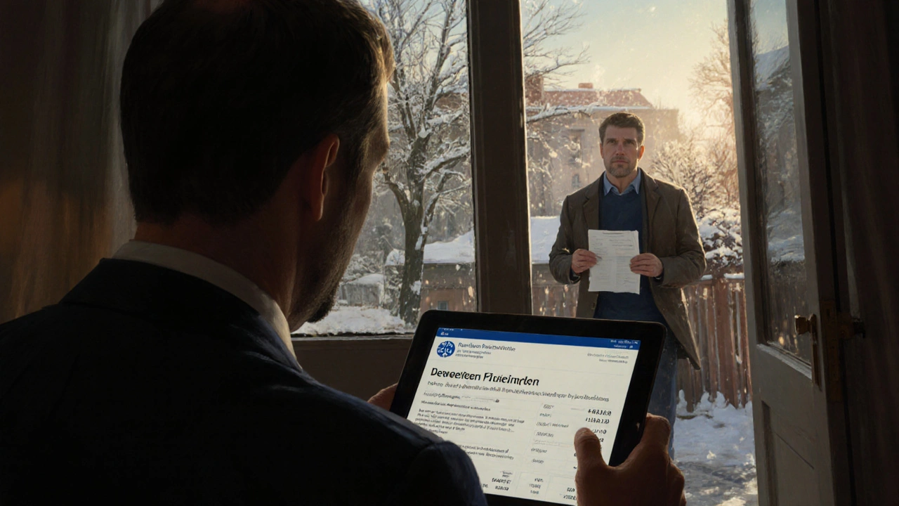 Vermieter prüft VPI-Statistik, während Mieter um Mietsenkung bittet.