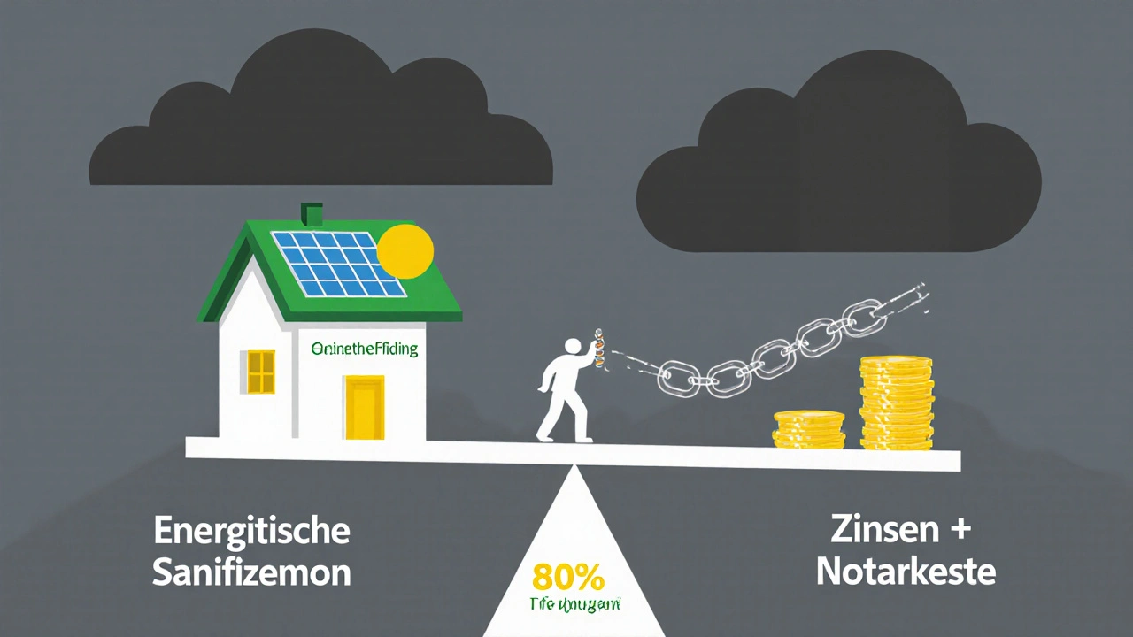 Waage mit sanierter Immobilie auf einer Seite und hohen Kosten auf der anderen