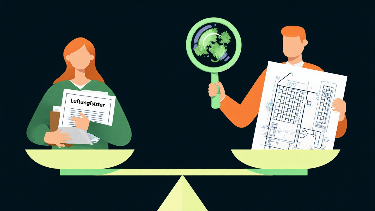 Waage zeigt Konflikt zwischen Mieter und Vermieter bei Schimmelursache.