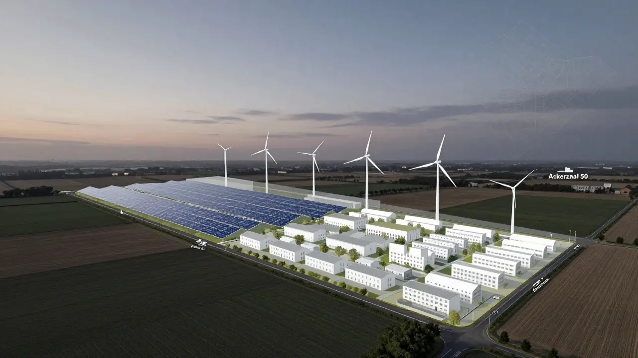 Agricultural plot with transparent overlays showing potential solar, wind, and construction uses.