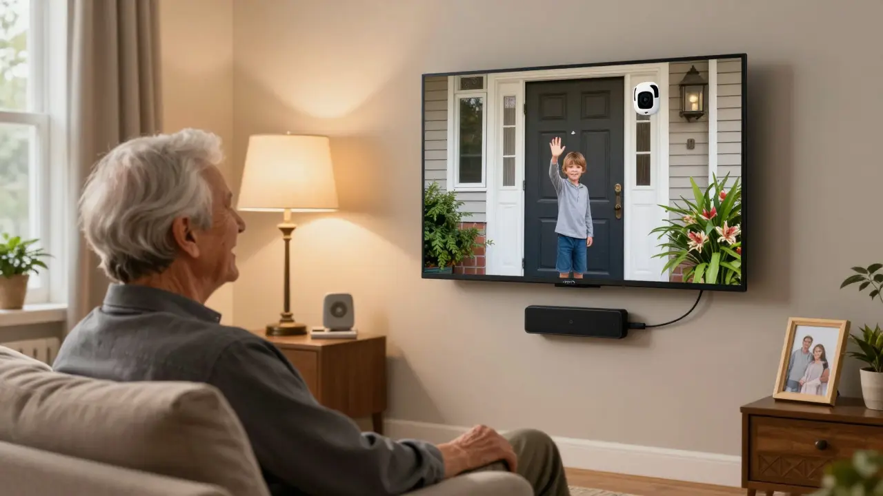 Ältere Person betrachtet auf einem Innendisplay das Bild ihres Enkels an der Haustür, warme Wohnzimmerbeleuchtung, kein Smartphone sichtbar.