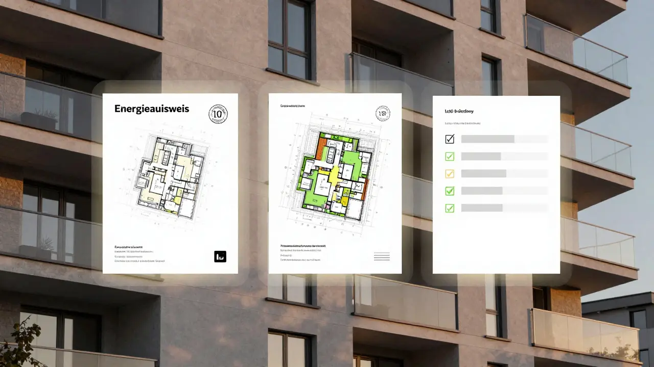 Digitaler Überlagerungs-Entwurf einer Wohnung mit den fünf Pflichtunterlagen als schwebende Dokumente.