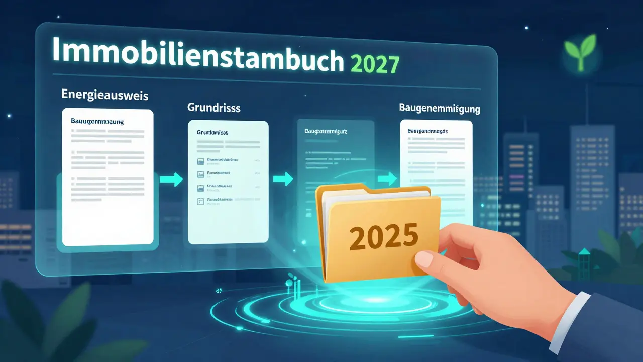 Digitales Immobilienstammbuch mit sich synchronisierenden Dokumenten, überführt von physischen Papieren in die Cloud.