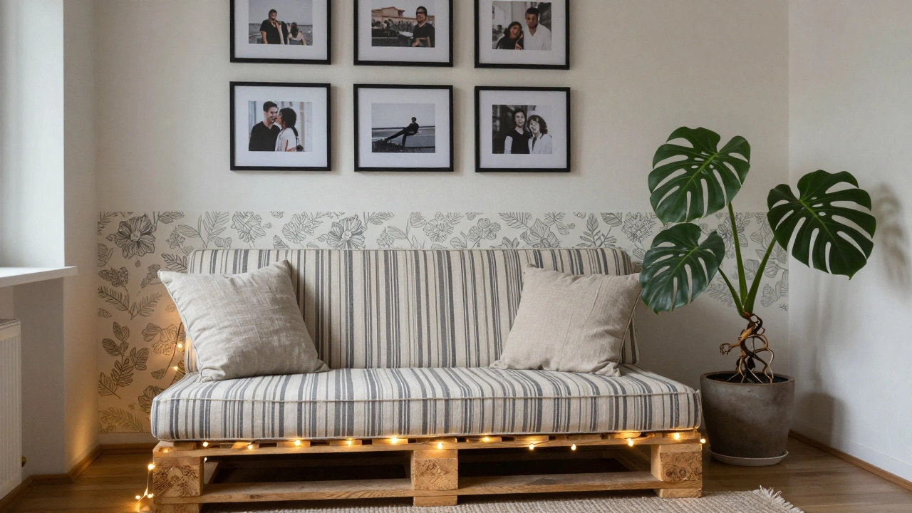 Ein Palettensofa mit selbstgemachten Kissen, LED-Lichtstreifen und einer Wanddekoration aus Tapetenstreifen und Pflanzen.