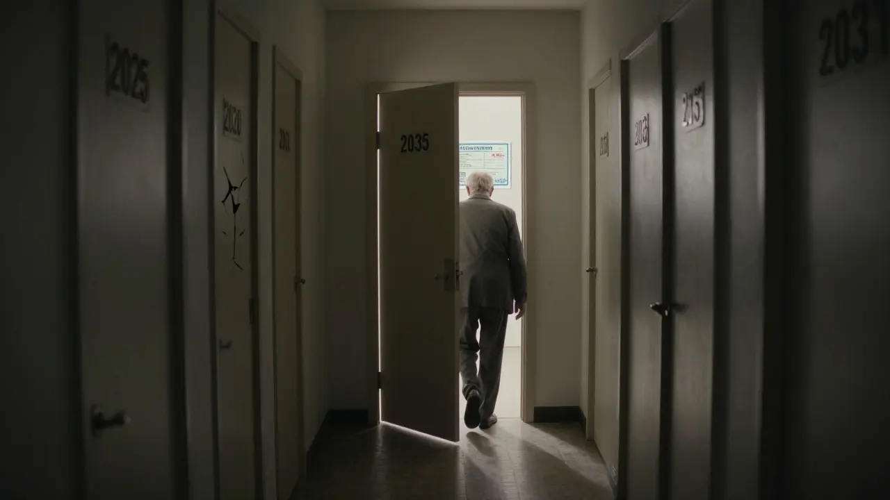 Ein Senior geht durch einen Flur mit verschlossenen Türen, nur eine Tür ist offen und strahlt Licht aus.