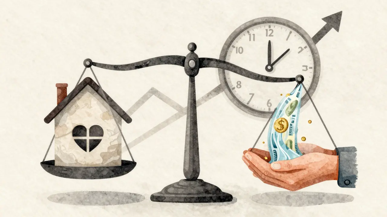 Eine symbolische Waage zeigt ein Haus gegen eine fließende Rente – Inflation und Zeit als Hintergrund.