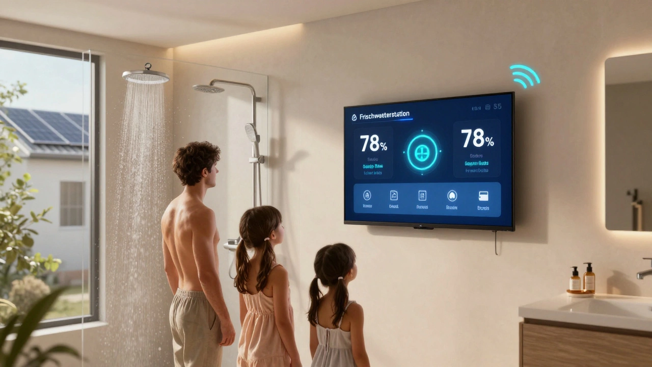 Familie in modernem Bad mit digitaler Anzeige der Energieeinsparungen durch eine Frischwasserstation.