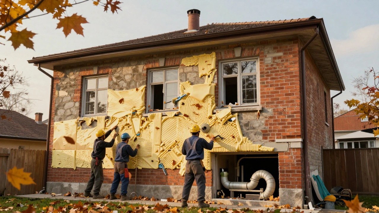 Fassadendämmung an einem Massivhaus aus den 1980er-Jahren mit alten Fenstern und Kellerrohren.
