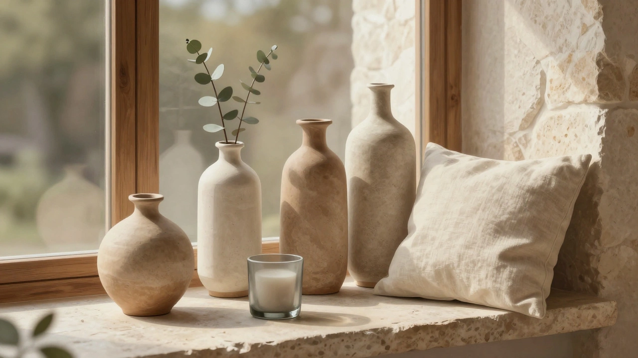 Fünf verschiedene Keramikvasen mit trockenen Pflanzen auf einem Steinbrett, neben einem Leinenkissen und einer Kerze.