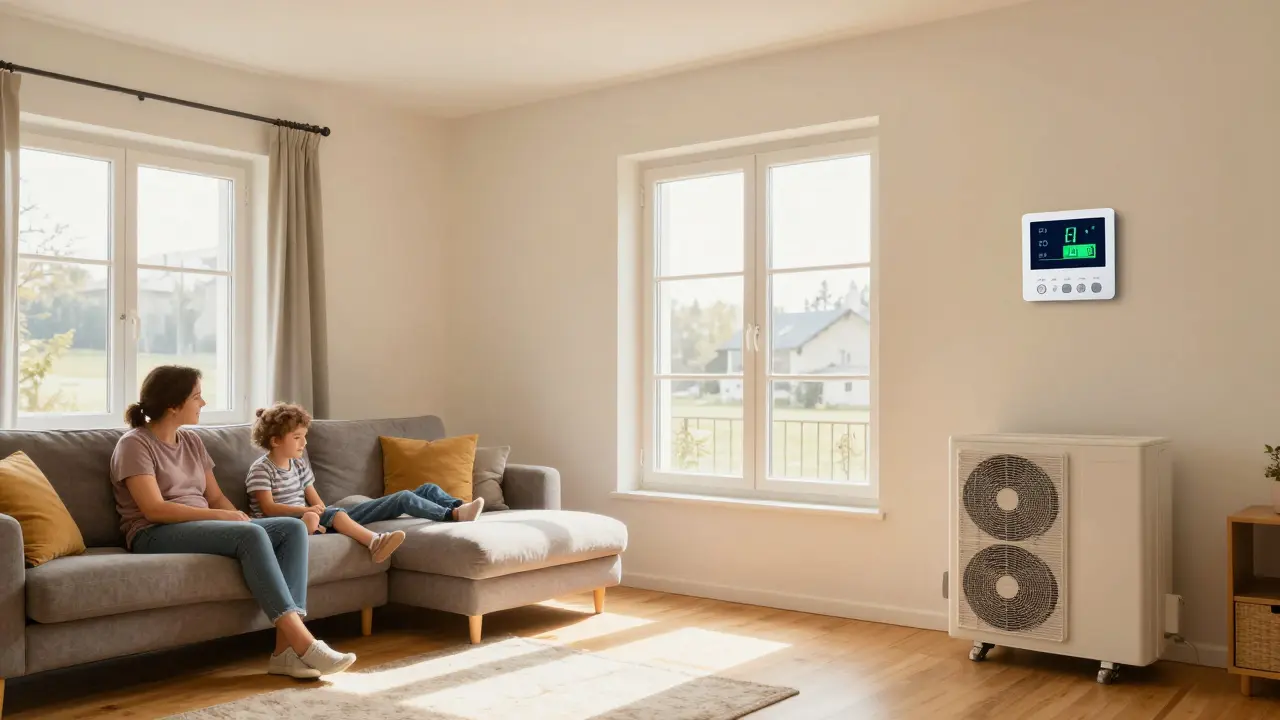 Gemütliches Wohnzimmer in einem saniereten Einfamilienhaus mit neuen Fenstern und ruhiger Heizung.