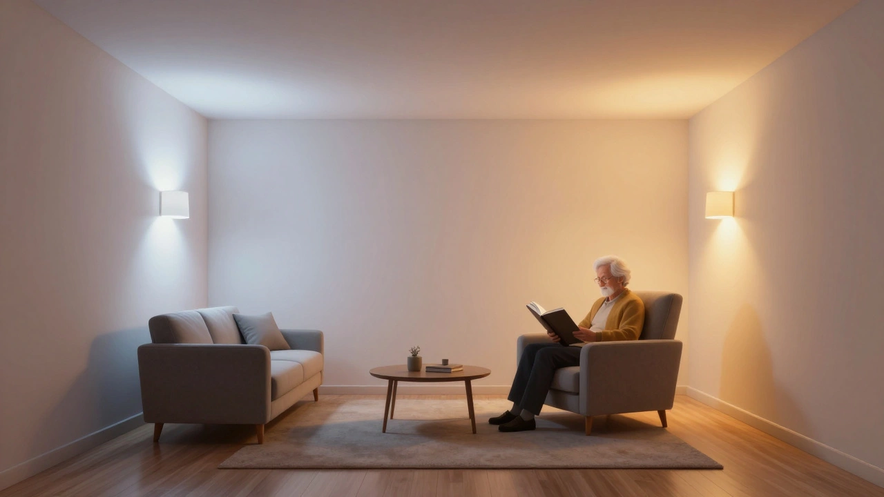 Gemütliches Wohnzimmer mit dynamischem Licht, das sich vom Tageslicht anpasst, ohne Blendung und mit indirekter Beleuchtung.