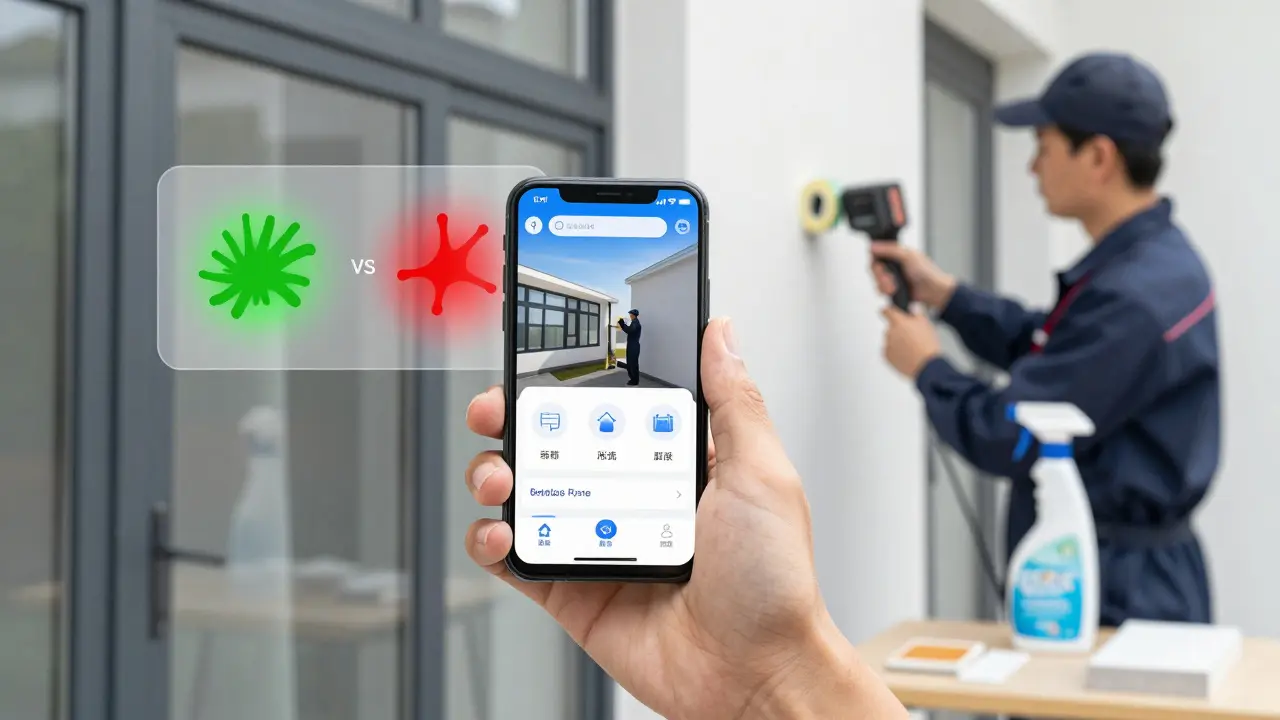 Hausbesitzer mit Smartphone-App, die Algen und Durchfeuchtung erkennt
