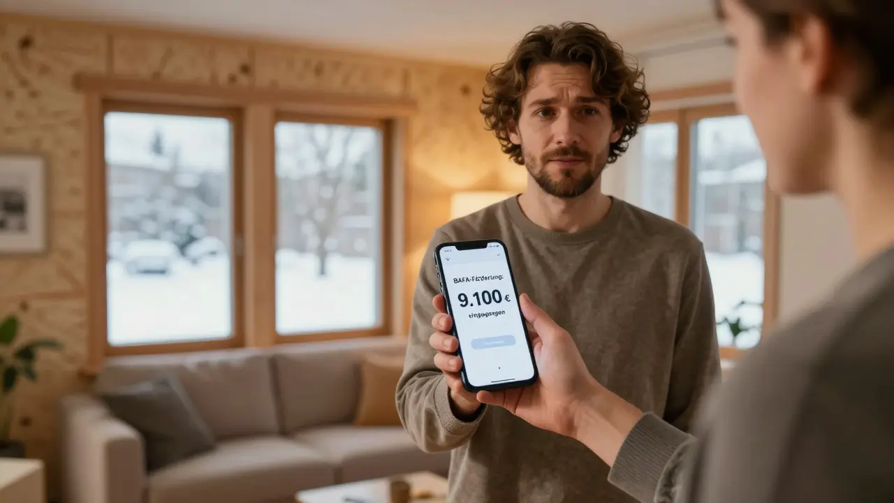 Hausbesitzer mit Smartphone, das BAFA-Zuschuss von 9.100 € anzeigt, im renovierten Wohnzimmer