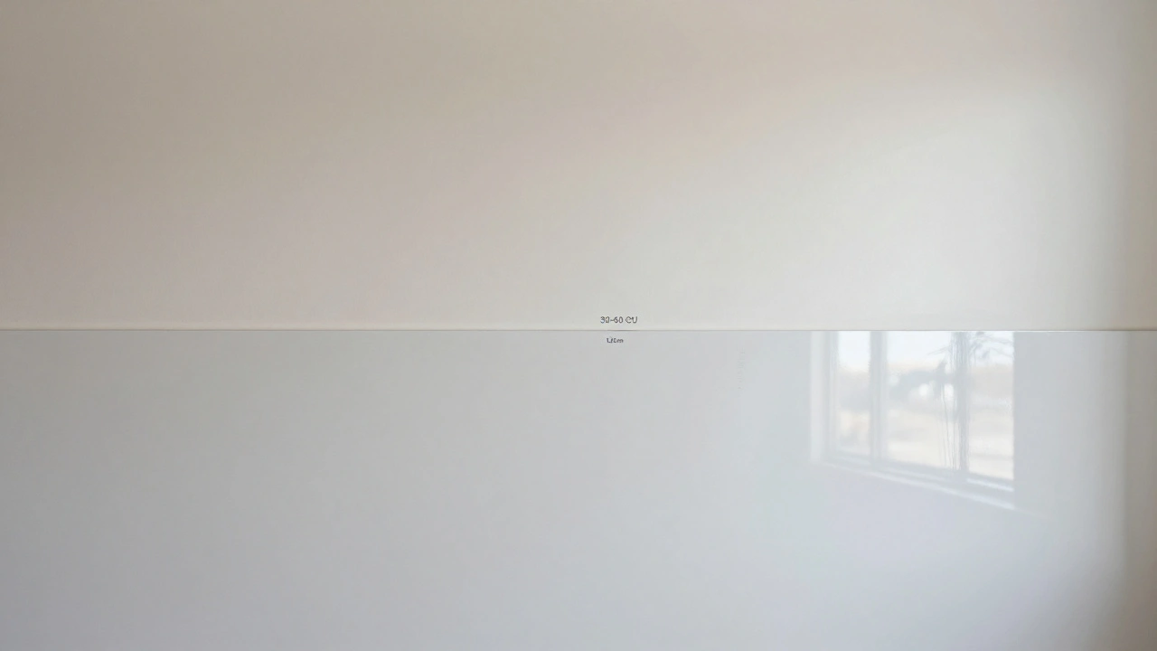 Horizontale Wandteilung: oben seidenglänzend, unten glänzend, mit deutlichem Übergang auf 1,20 m Höhe.