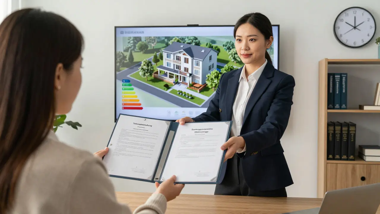 Immobilienmakler übergibt einem Käufer eine Mappe mit Verkaufsunterlagen in einer modernen Agentur.