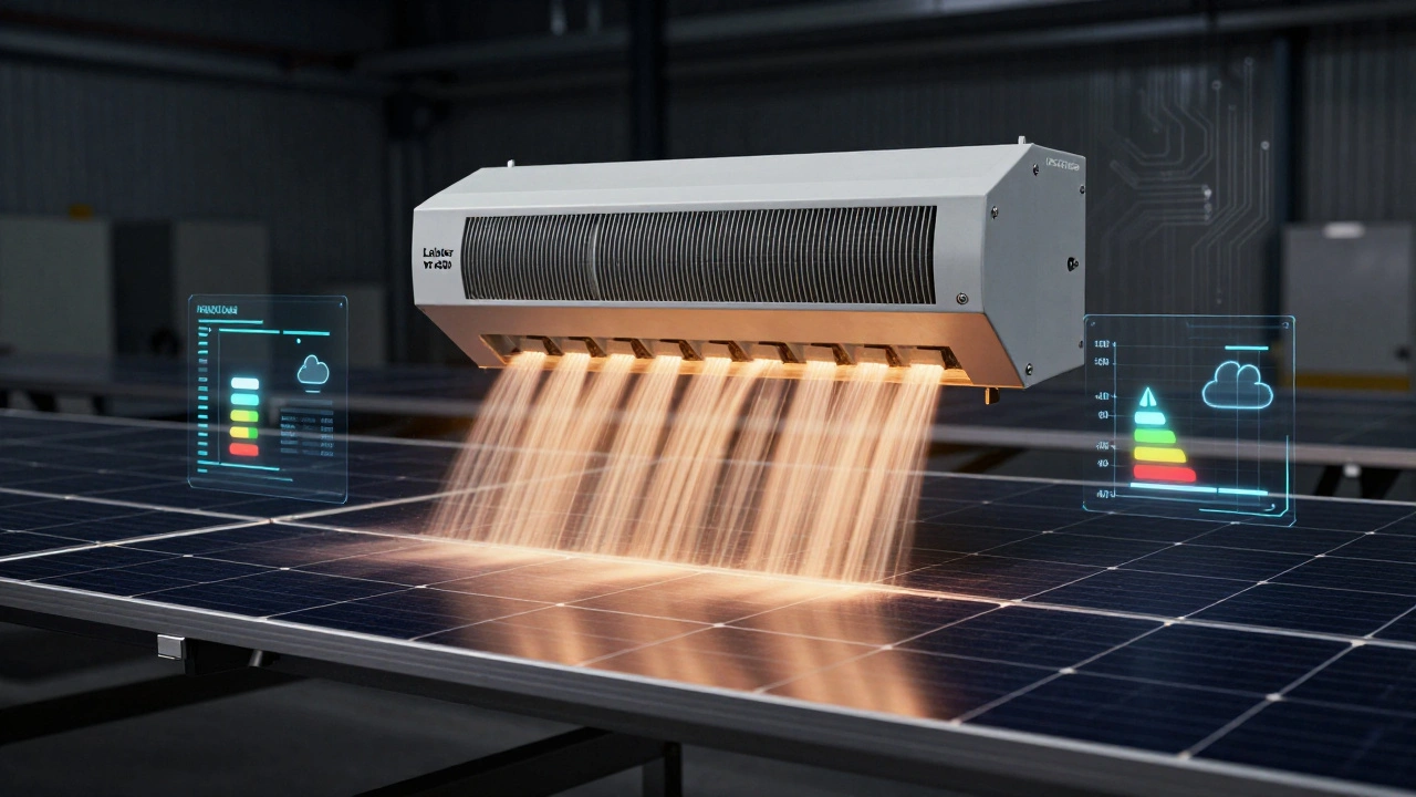 Intelligente Heißluftanlage trocknet eine Solarzelle mit kontrollierter Wärme und digitaler Datenübertragung.