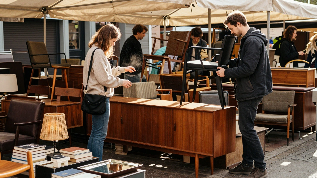 Junge Menschen auf einem Flohmarkt, die vintage Möbel wie einen dänischen Sideboard und Metallstühle auswählen.