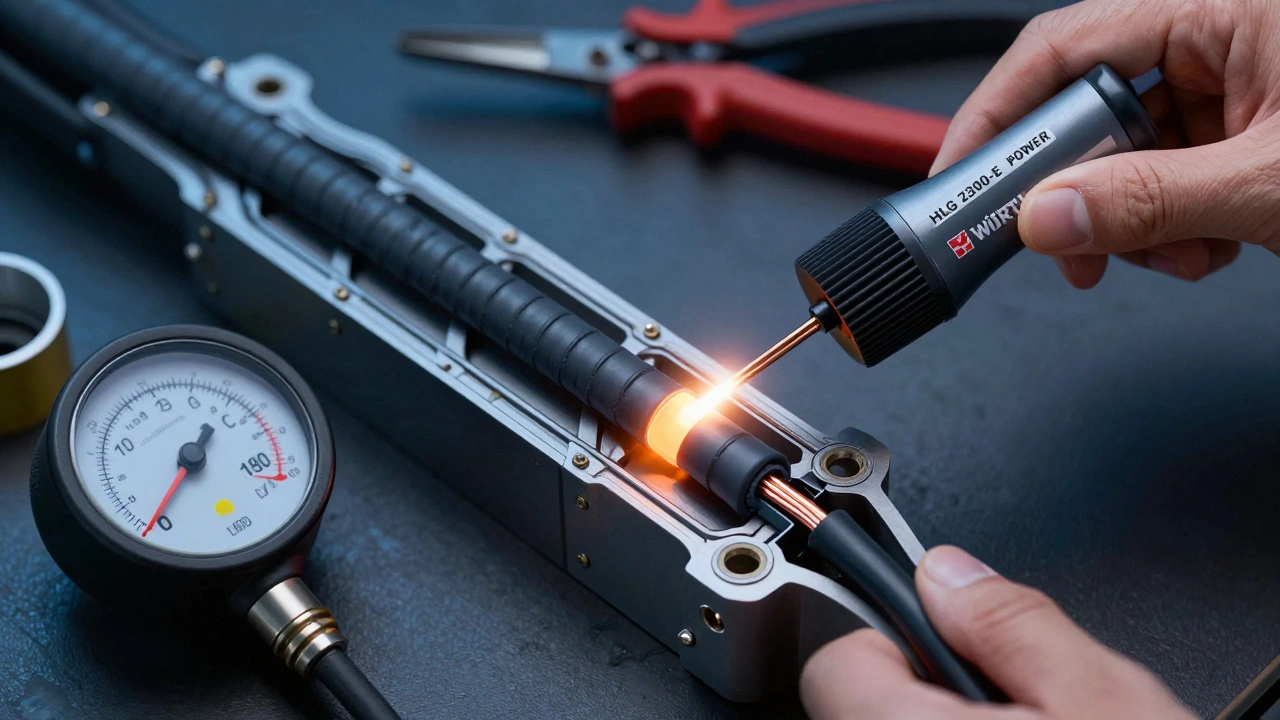 Kabelbündel wird mit Heißluft gleichmäßig schrumpfende Hülle ummantelt, Temperatur und Luftstrom sichtbar.