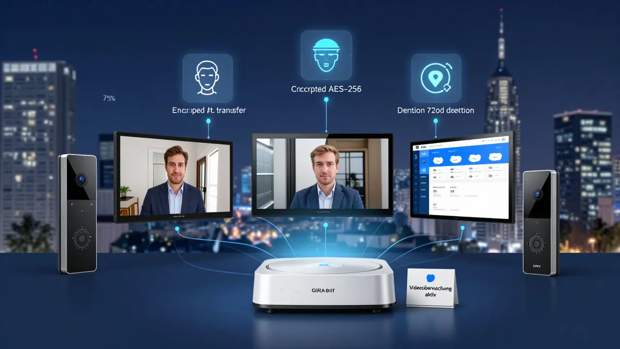 Konzeptbild: Intelligente Haustechnik mit Video-Türsprechanlage, KI-Erkennung und verschlüsselter Datenübertragung als zentrales Sicherheitssystem.