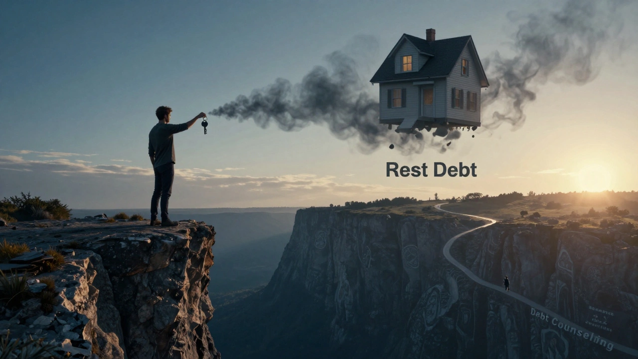 Mensch am Abgrund, Haus löst sich auf, Pfad zur Schuldenberatung im Hintergrund.