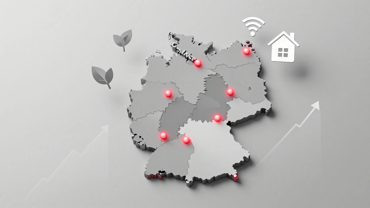 Minimale 3D-Karte Deutschlands mit leuchtenden Wachstumsregionen und Symbolen für Energieeffizienz und Digitalisierung.