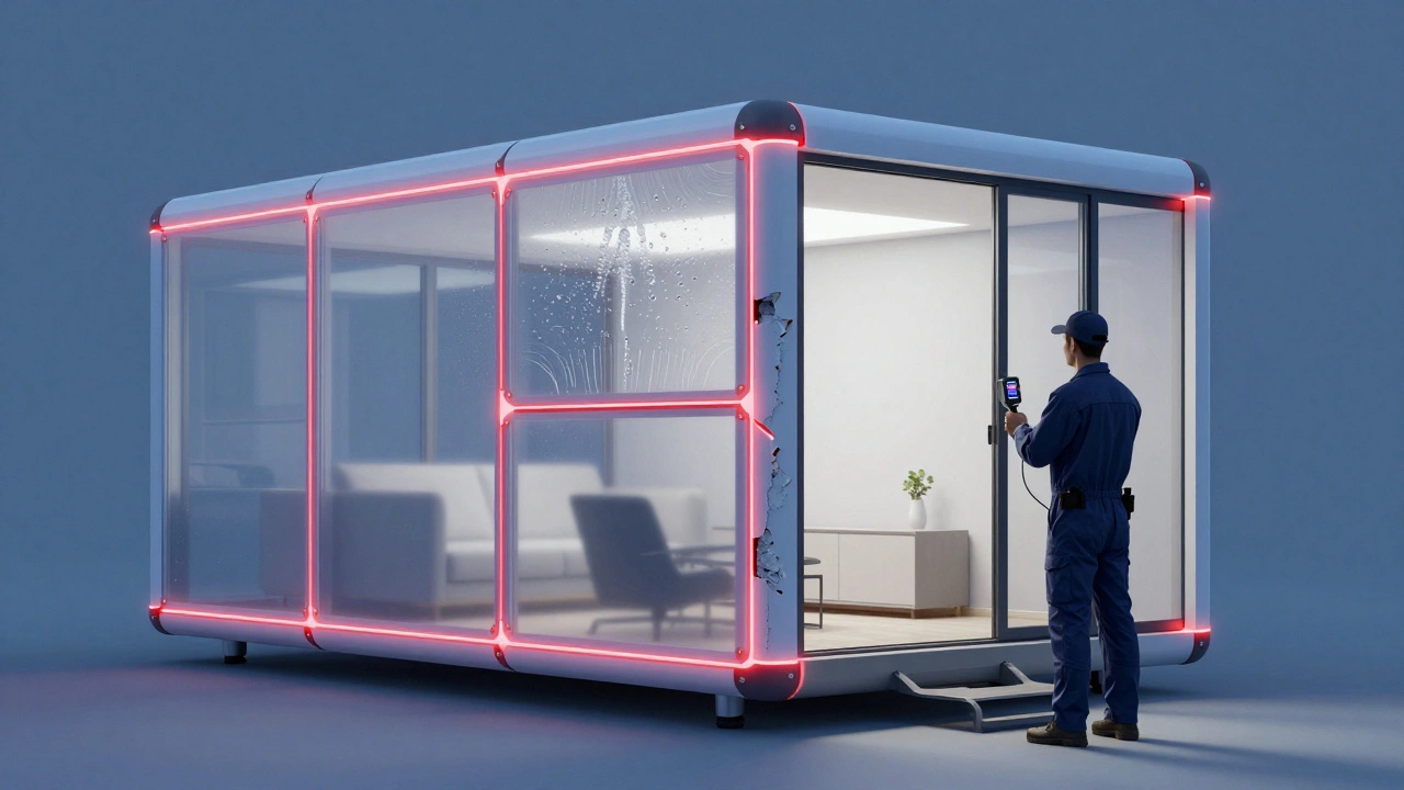 Modulverbindungen eines Fertighauses mit Wärmebildkamera, die Undichtigkeiten aufzeigt.