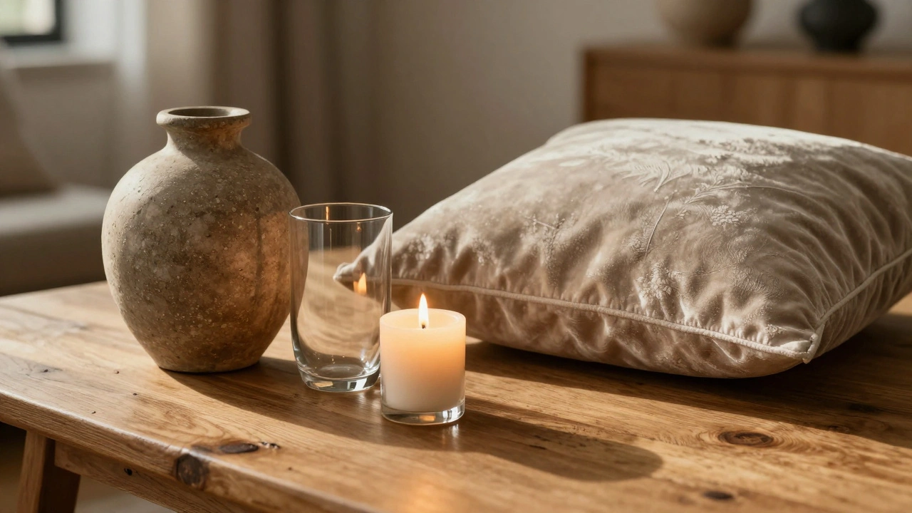 Nahaufnahme von Keramik, Glas, Samt und Leinen auf Holz, mit einer brennenden Kerze dazwischen.