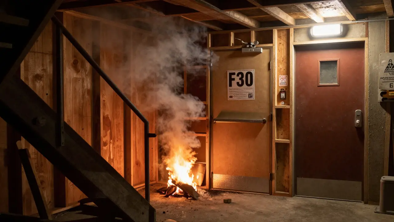 Notausgang und Feuerwehrschutz im Keller: Rauch wird durch feuerhemmende Materialien eingedämmt, zwei Fluchtwege sichtbar.