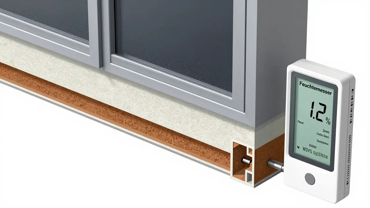 Querschnitt einer gedämmten Fassade mit Tauwasserbildung und Feuchtemesser