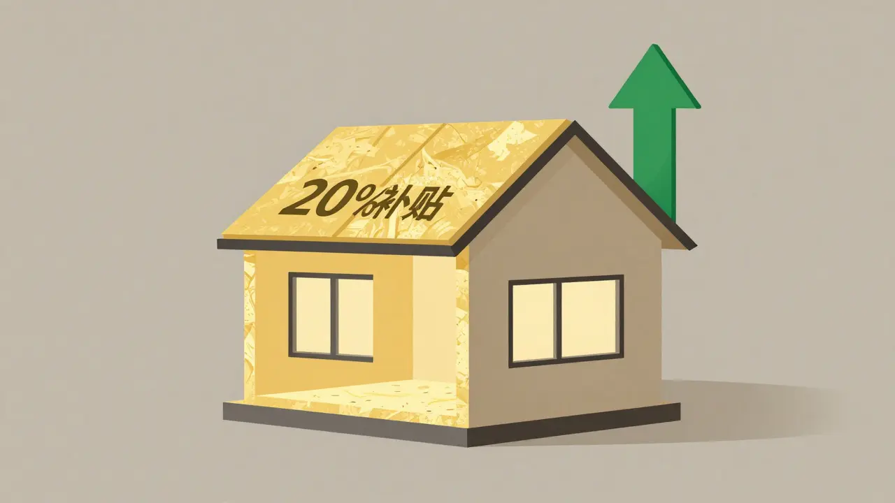 Querschnitt eines Hauses mit Dach-, Fassaden- und Kellerdeckendämmung, grüner Förderpfeil