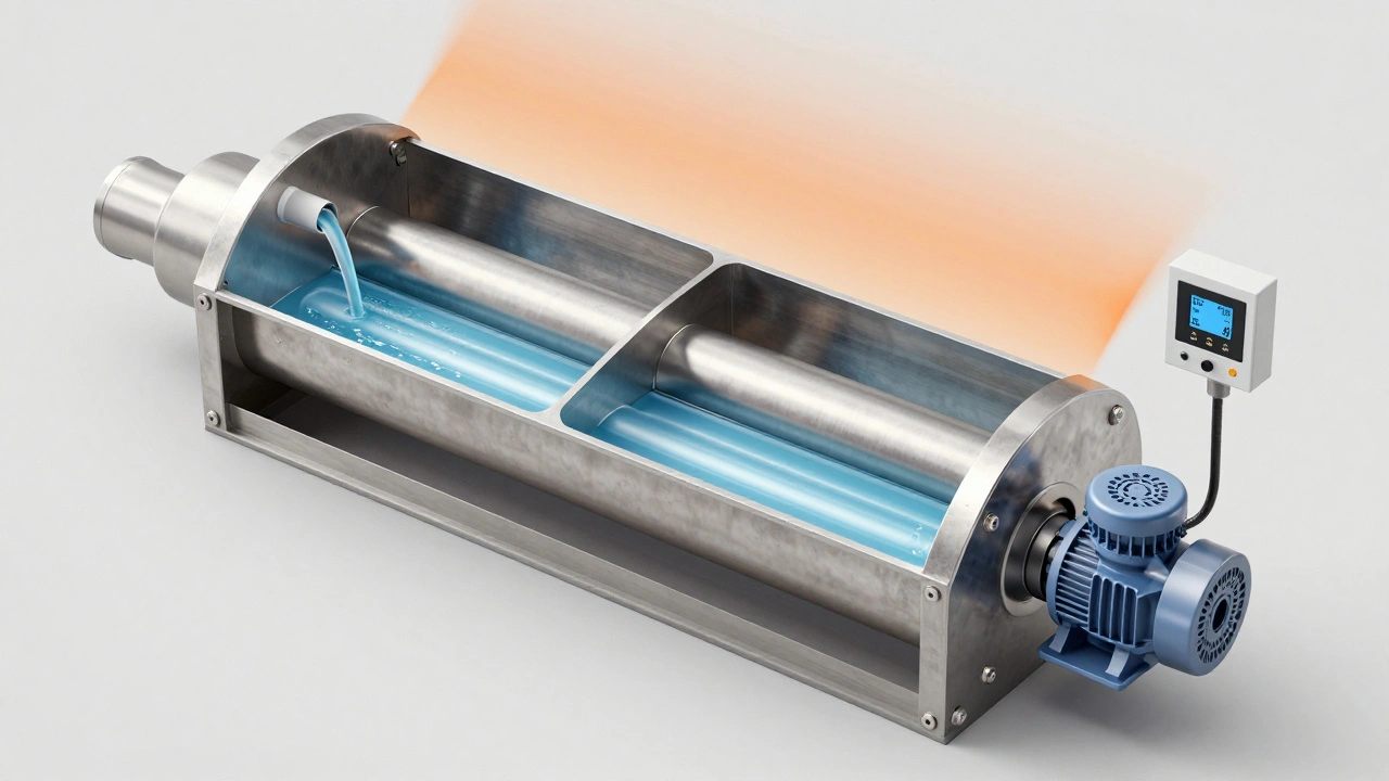 Schnittansicht einer Frischwasserstation mit Wärmetauscher und zwei getrennten Wasserströmen.