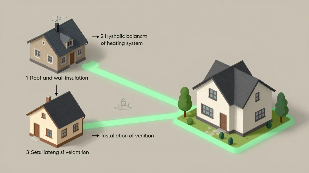 Schritt-für-Schritt-Roadmap zur energetischen Sanierung eines Hauses mit vier Phasen, visuell dargestellt.