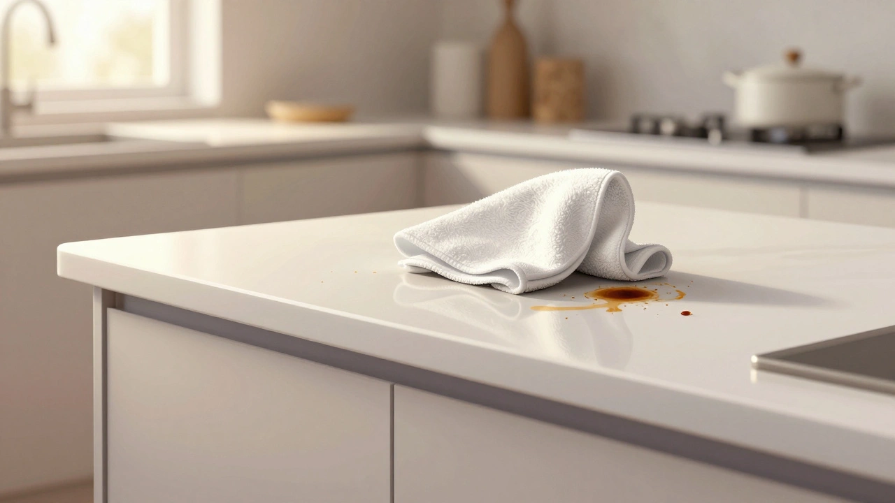 Seidenglänzende Wand in der Küche, die mit einem Mikrofasertuch leicht gereinigt wird.