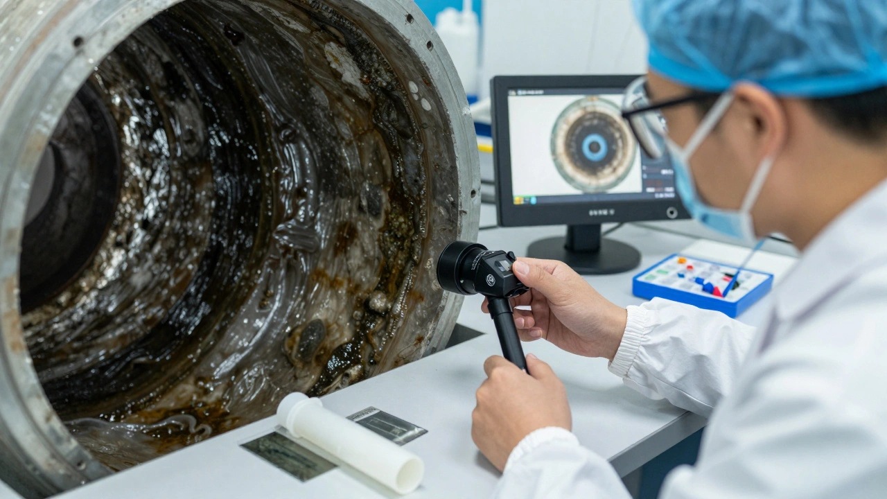 Techniker untersucht mit einer Kamera die innere Oberfläche einer veralteten Wasserleitung.