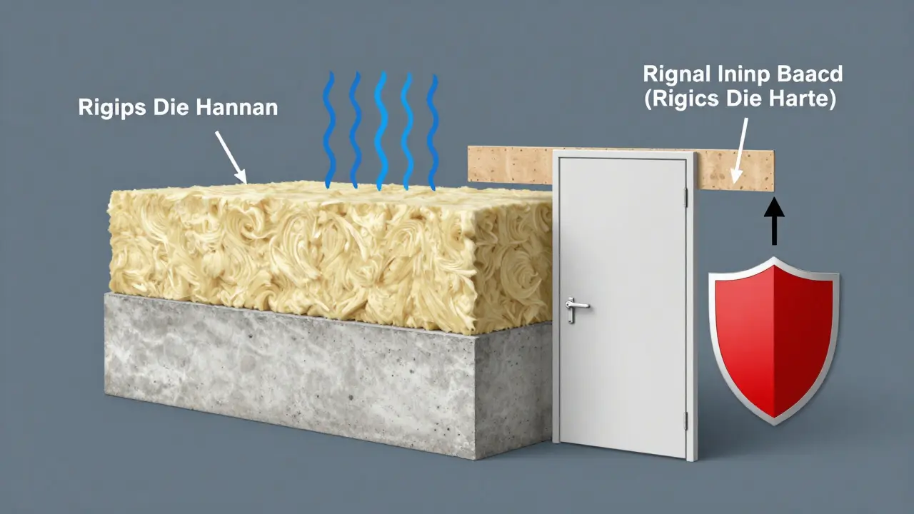 Technische Querschnittsansicht eines schall- und brandsicheren Kellerausbaus mit Materialschichten und Sicherheitsmerkmalen.