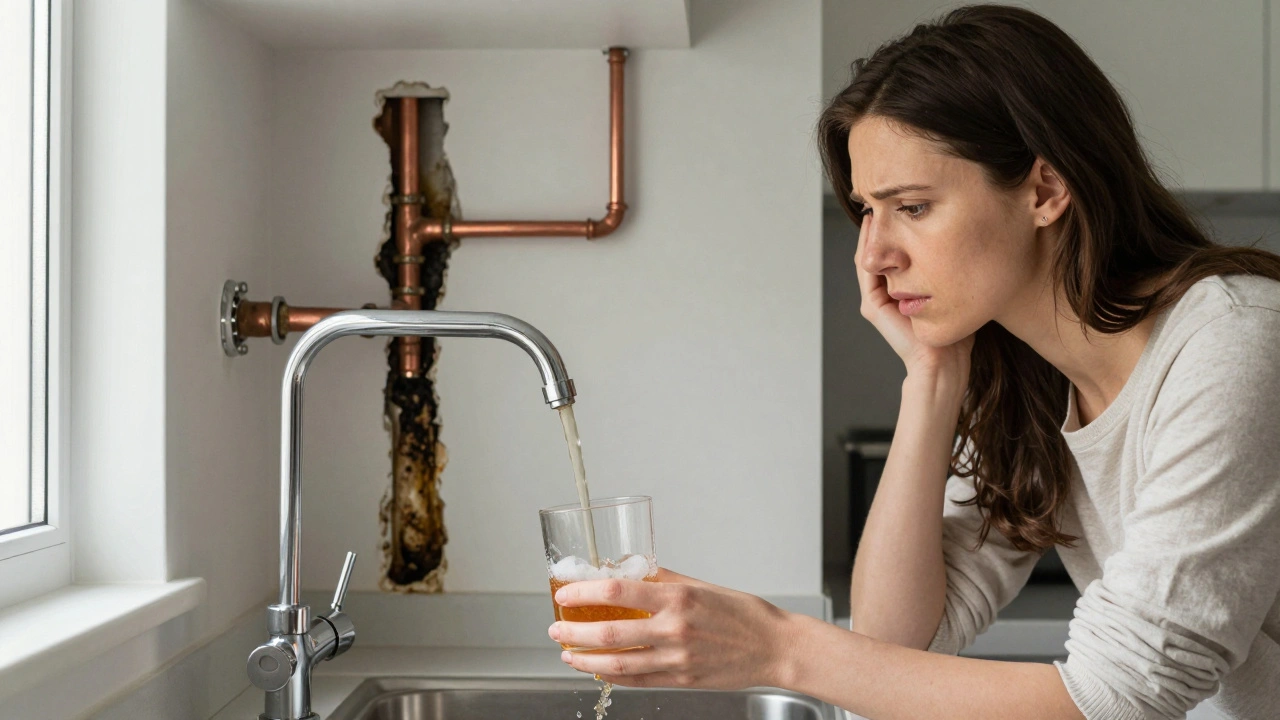 Trübes Wasser fließt aus der Küchenarmatur, verborgene korrodierte Leitungen dahinter.